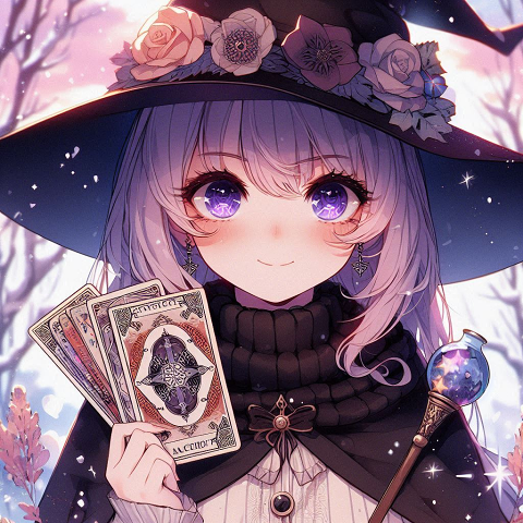 Anime Style Witch With Tarot Cards In Winter